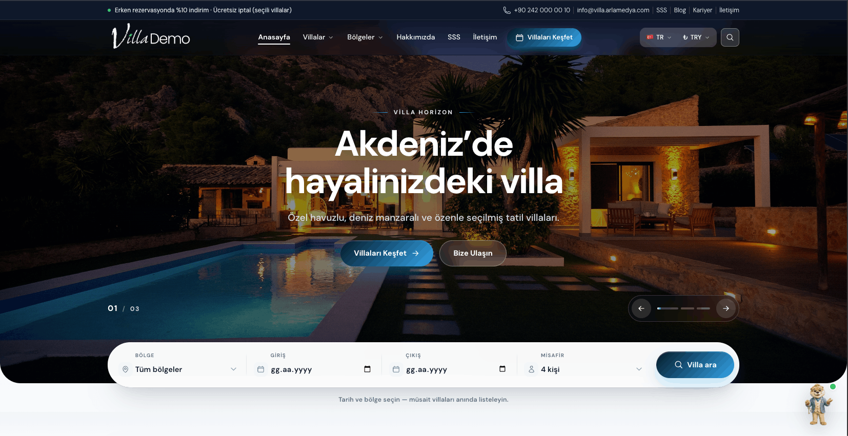 VillaKirala anasayfa hero slider ve villa arama çubuğu