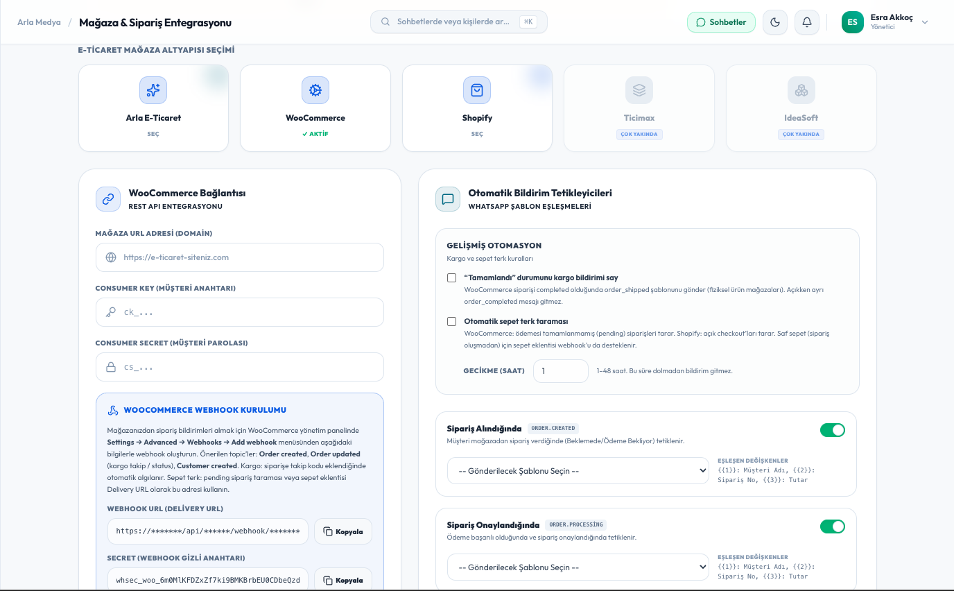 E-Ticaret — Sipariş ve kargo bildirimlerini WhatsApp üzerinden iletin.