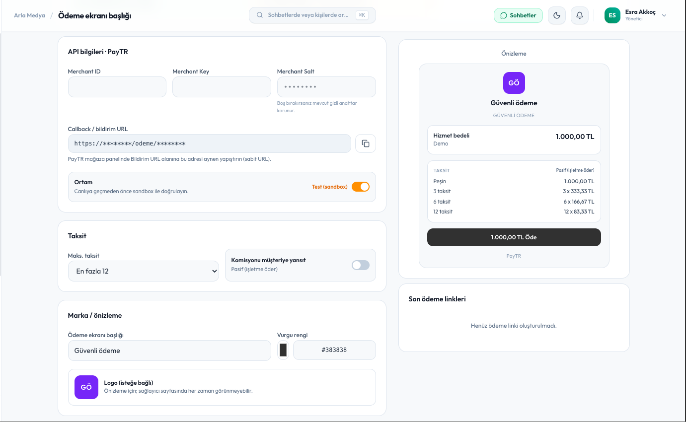 Online Ödeme — İyzico, PayTR ve Stripe ile sohbet içinden tahsilat.
