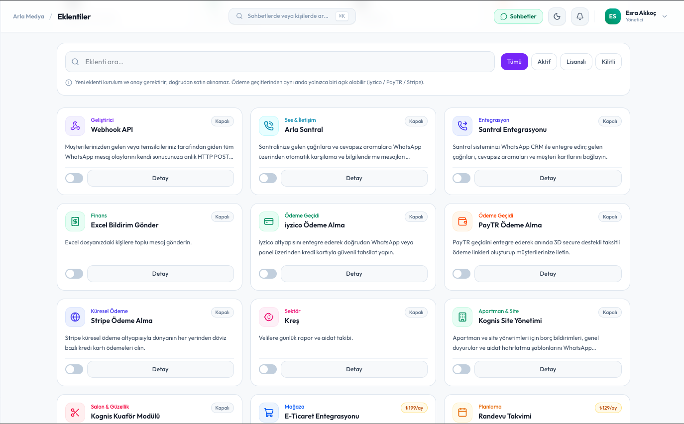 Eklentiler — Ödeme, randevu, webhook ve sektörel modülleri ihtiyaç oldukça açın.