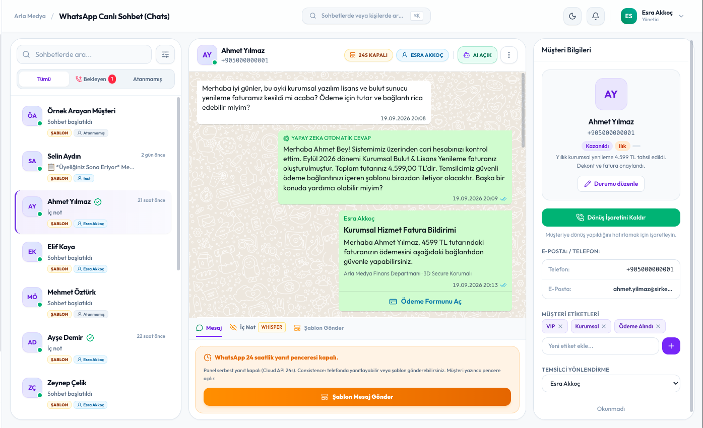 Canlı Sohbet — WhatsApp CRM panel ekranı